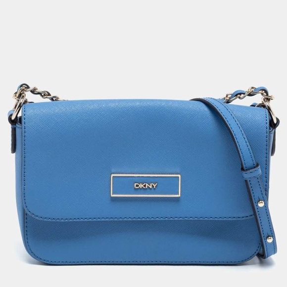 Dkny Handbags - DKNY Blue Leather Robinson Flap Chain Crossbody Bag with Charm